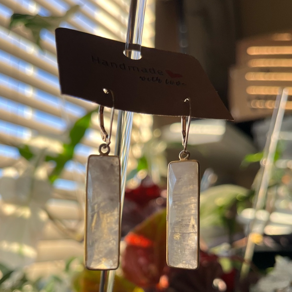 Faceted Rainbow Moonstone Rectangular Earrings - image 8
